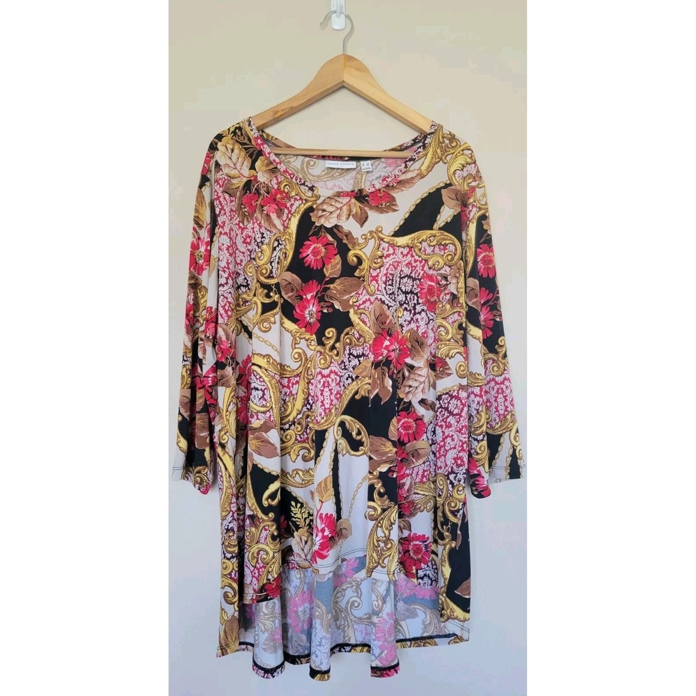 Susan Graver 3X Liquid Knit Floral Chain Link Hi Low Tunic Top 3/4 Sleeve